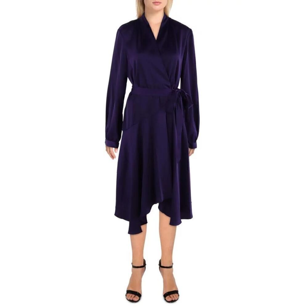 Gabby Skye Wrap Dress Satin Balloon Sleeve Belted Knee Length Eggplant Purple 16